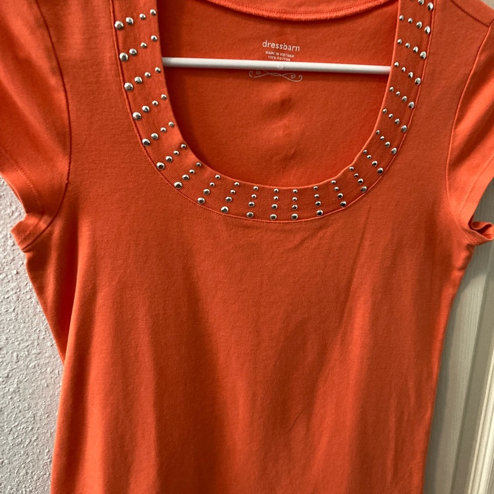 Dress Barn bright orange cap sleeve top with rhinestone-studded neckline, size S